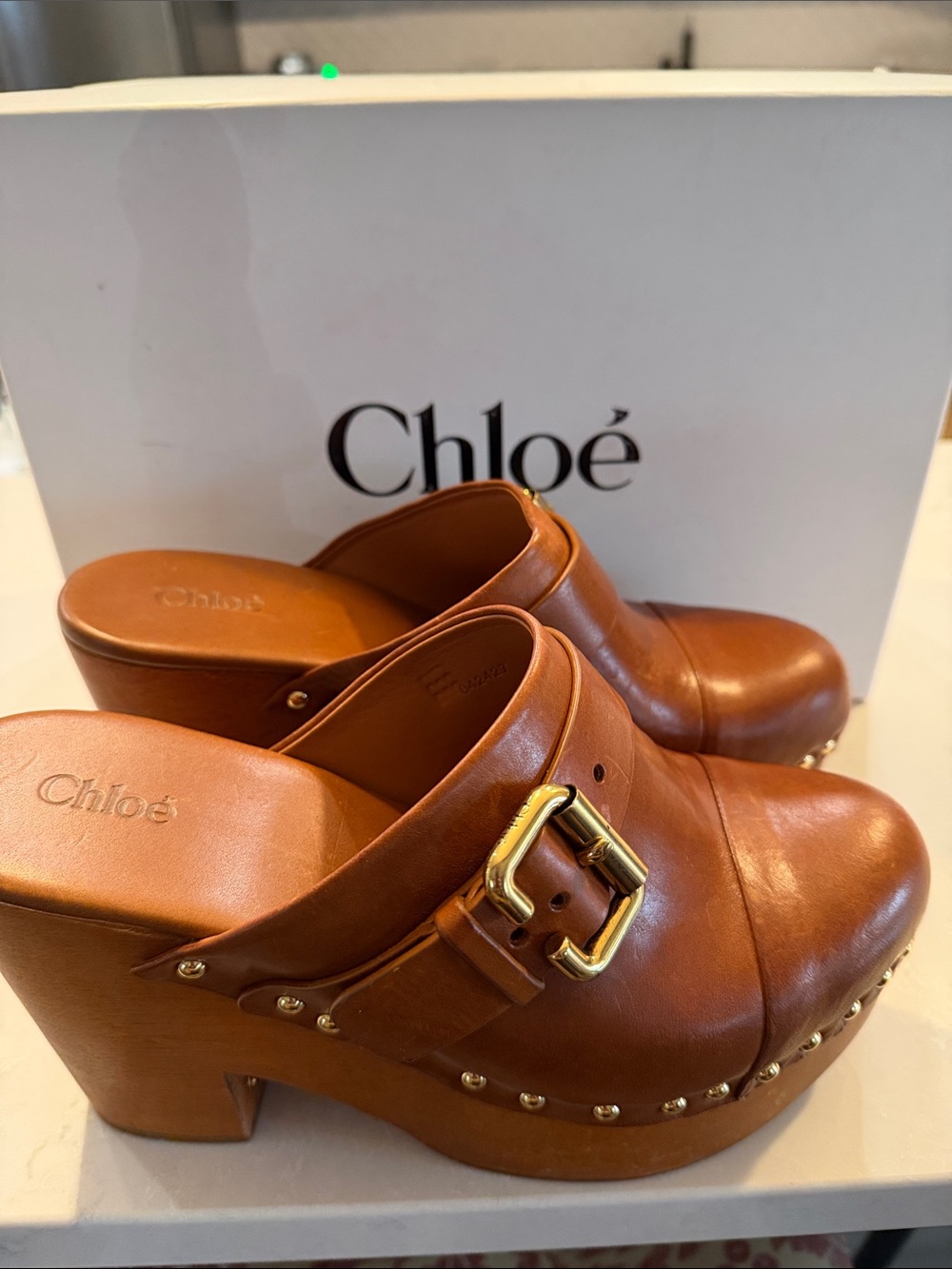 Chloé Brown Leather Platform Clogs with Gold Buckle